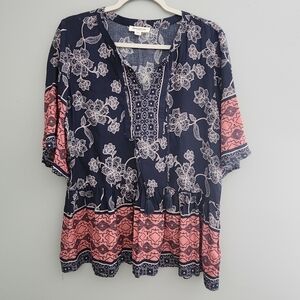 BeachLunchLounge Blue Pink Short Sleeve Top Flowy Beachy Boho Top